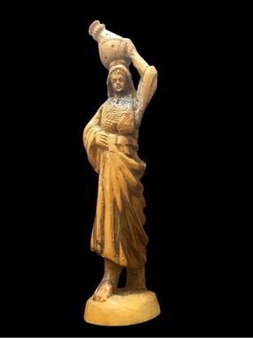 Hand Carved Mid Century Olive Wood Bethlehem Samaritan Woman Carrying a Jug.